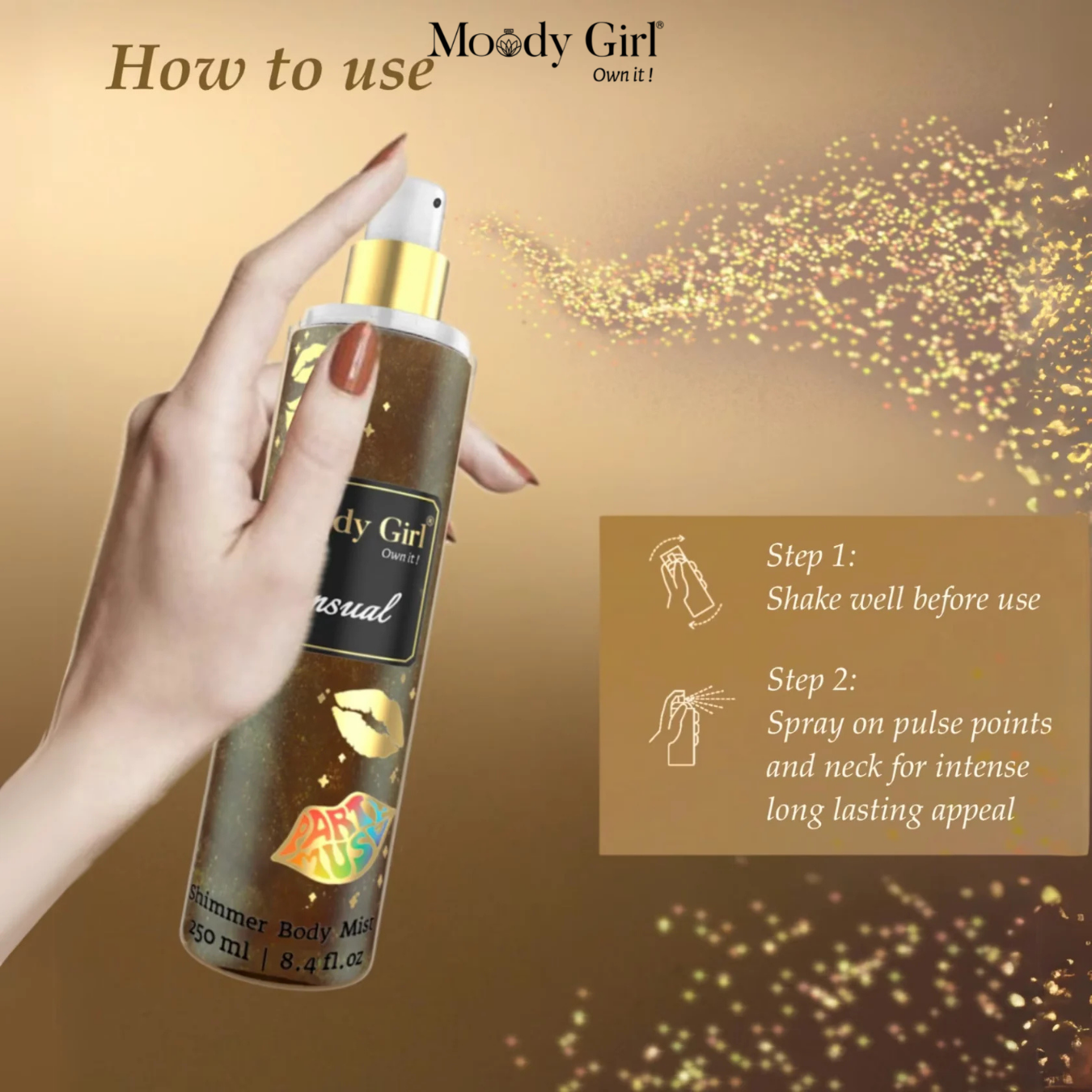 Moody Girl body mist bottle with usage instructions on a gold background