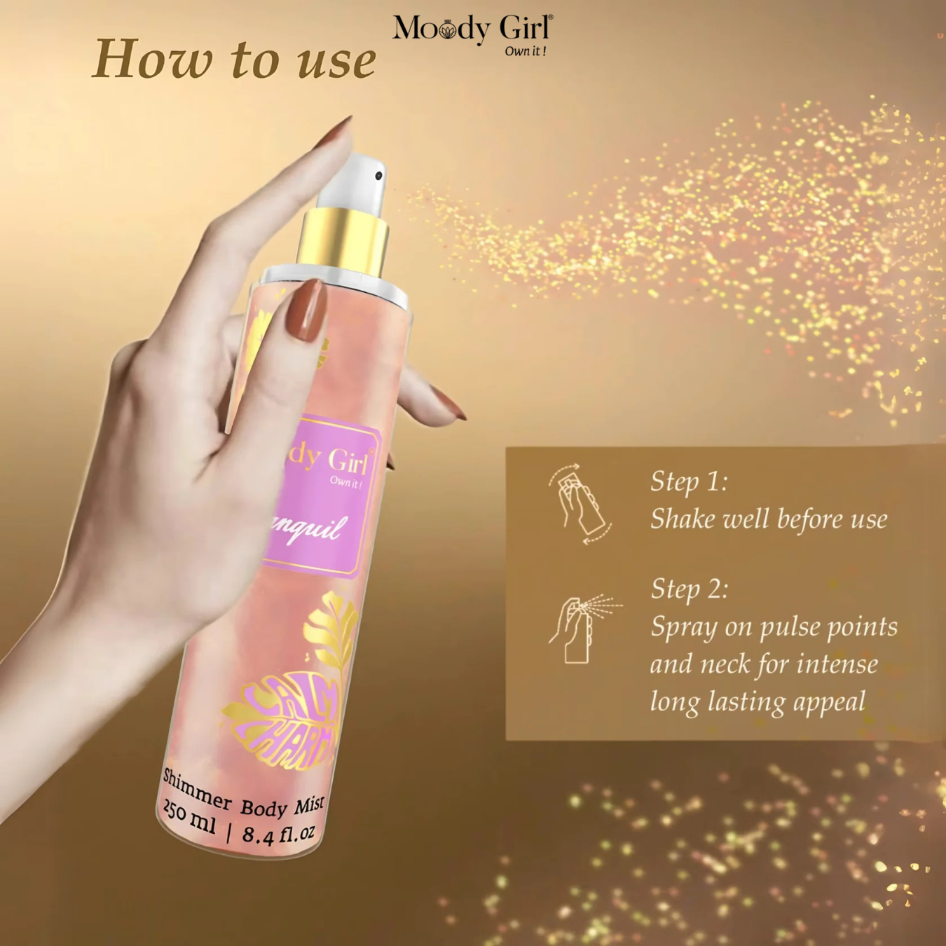 Moody Girl Shimmer Body Mist with usage instructions on a gold background