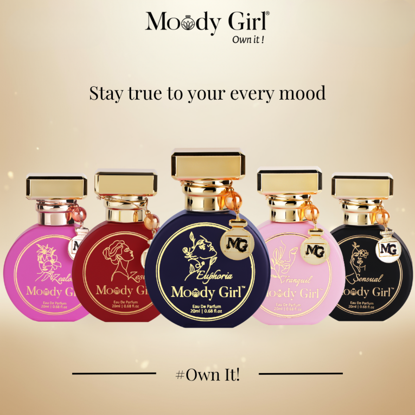 Five Moody Girl perfume bottles on a beige background with brand name and slogan.