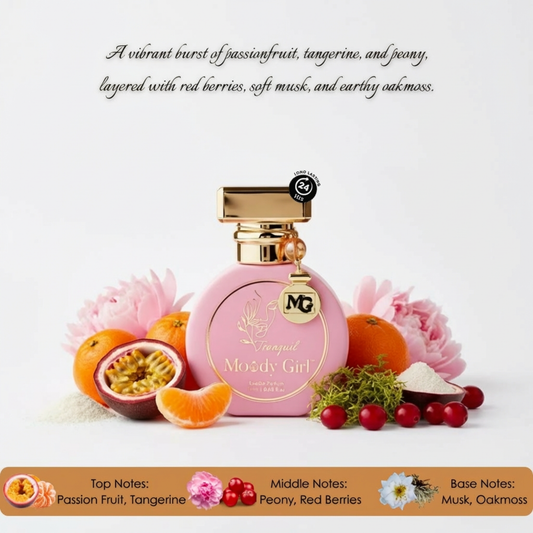 Pink perfume bottle with fruit and flowers on a white background