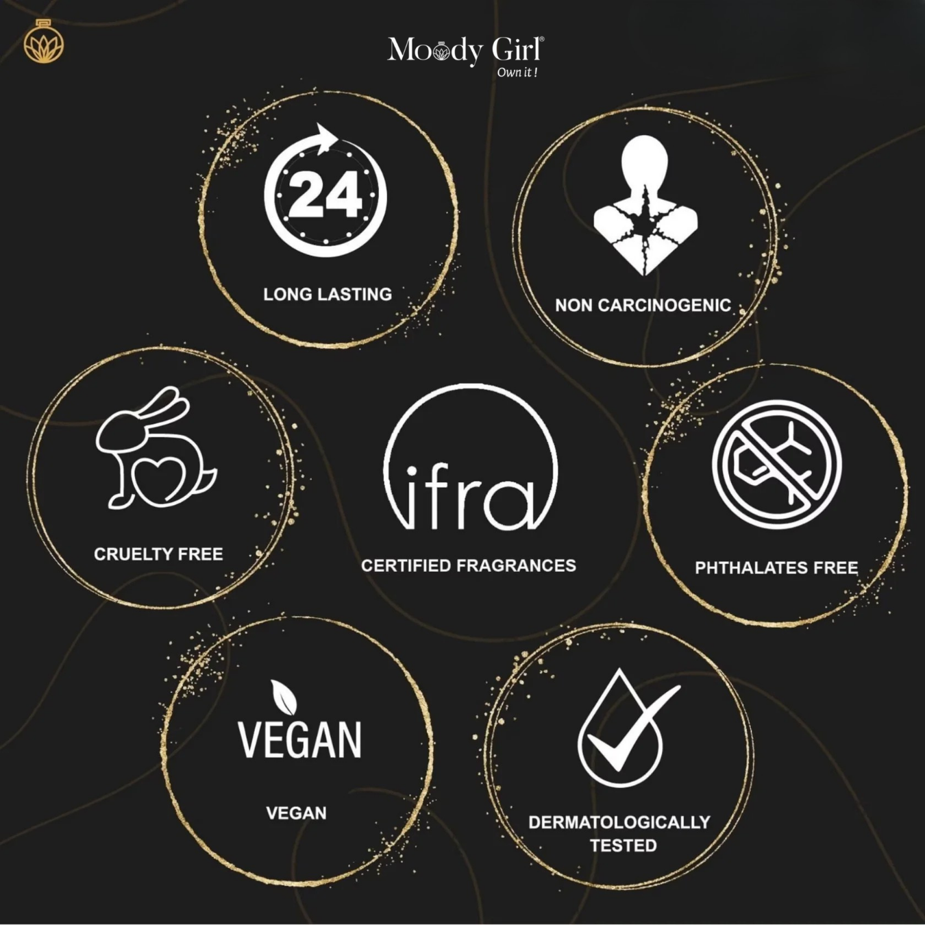 Moody Girl product features on a black background with icons indicating long-lasting, non-carcinogenic, cruelty-free, certified fragrances, phthalates-free, vegan, and dermatologically tested.