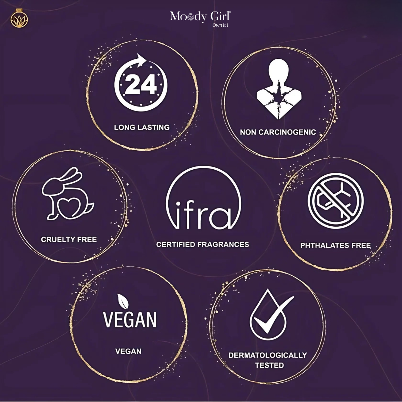 Set of icons and symbols indicating product features on a dark purple background with 'Moody Girl' branding.