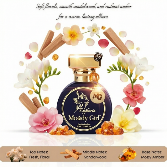 Perfume bottle labeled 'Moody Girl' surrounded by flowers and spices on a white background
