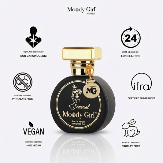 Moody Girl perfume bottle with certification icons on a white background