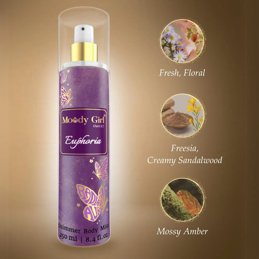 Moody Girl Euphoria shimmer body mist bottle with flavor description on a brown background