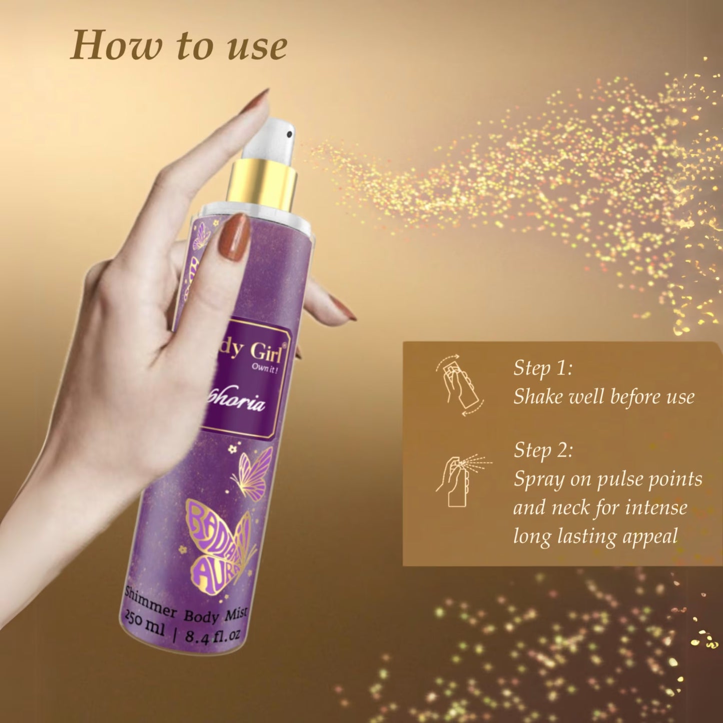 Hand holding a purple bottle of 'Moody Girl' Shimmer Body Mist with usage instructions on a gold background.