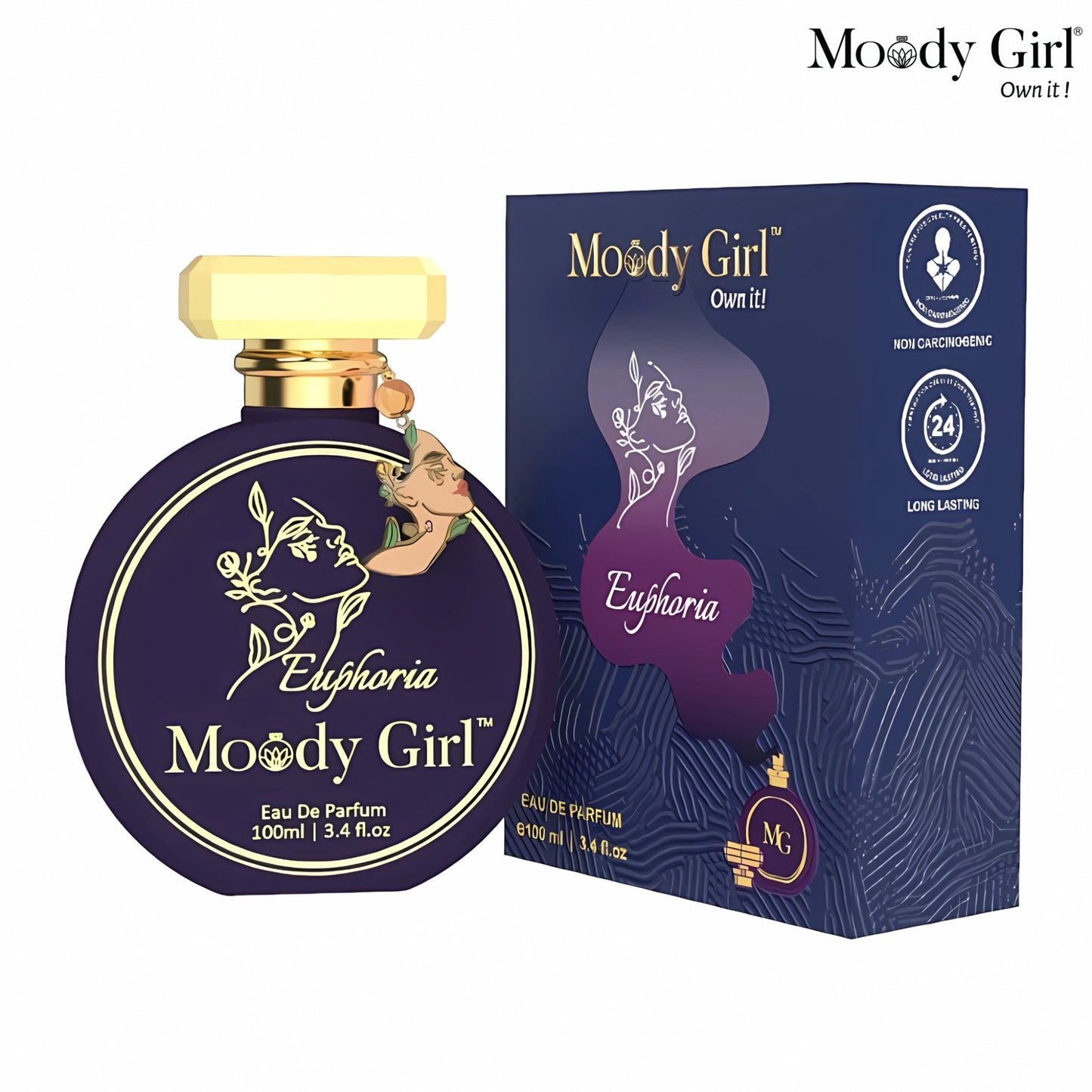 Moody Girl Euphoria 100ml perfume bottle and packaging on a white background