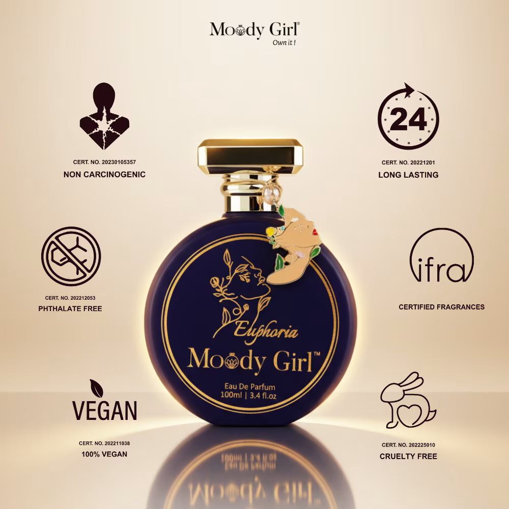 Moody Girl Euphoria perfume bottle with certification icons on a beige background