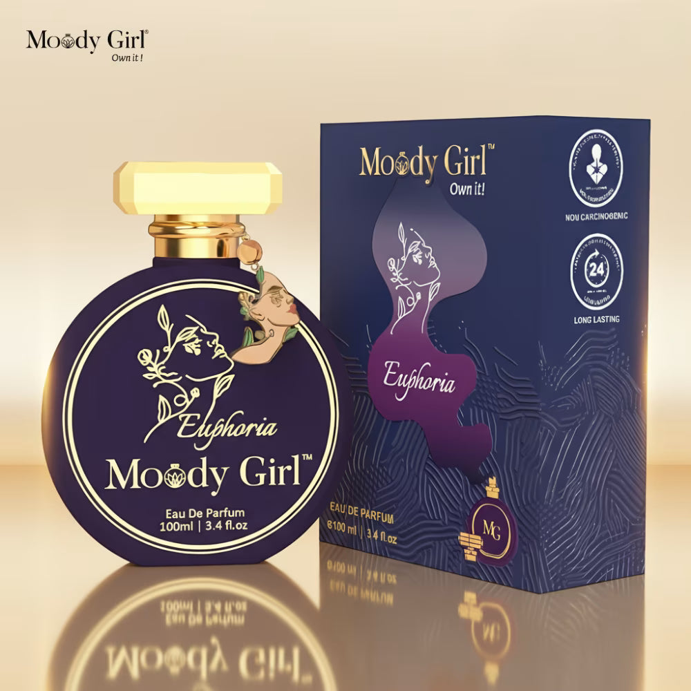 Moody Girl Euphoria perfume bottle and packaging on a reflective surface with a beige background
