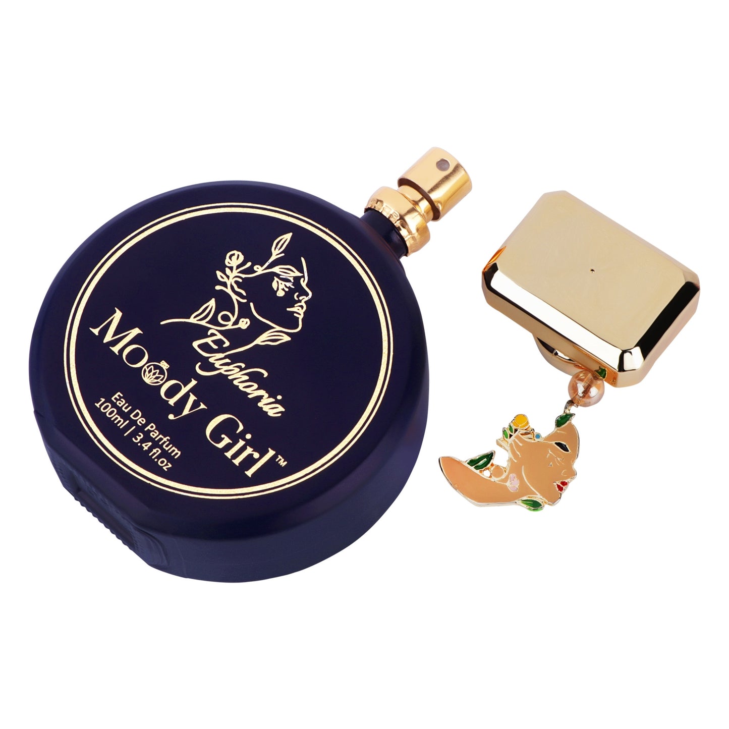 Moody Girl Euphoria 100ml Perfume bottle with gold cap and decorative charm on a white background