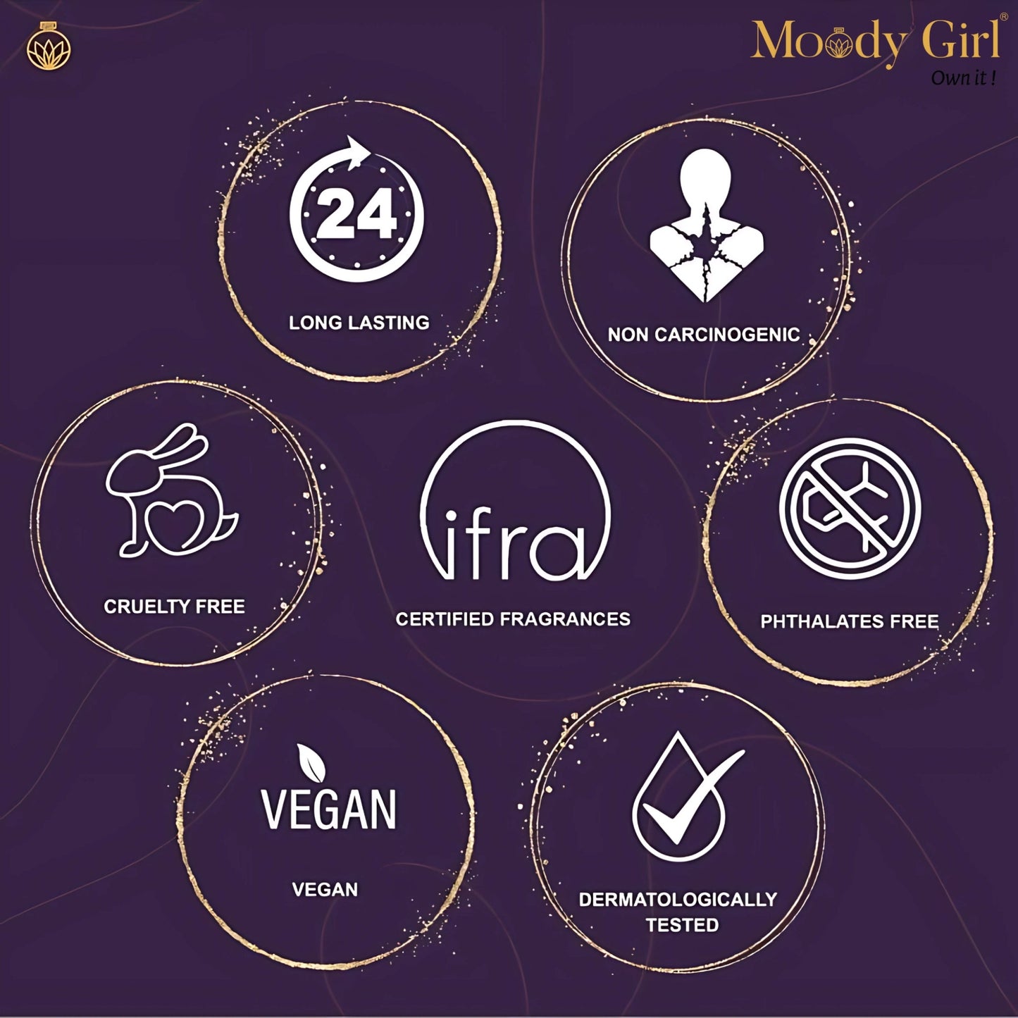 Certification icons for Moody Girl products on a dark purple background