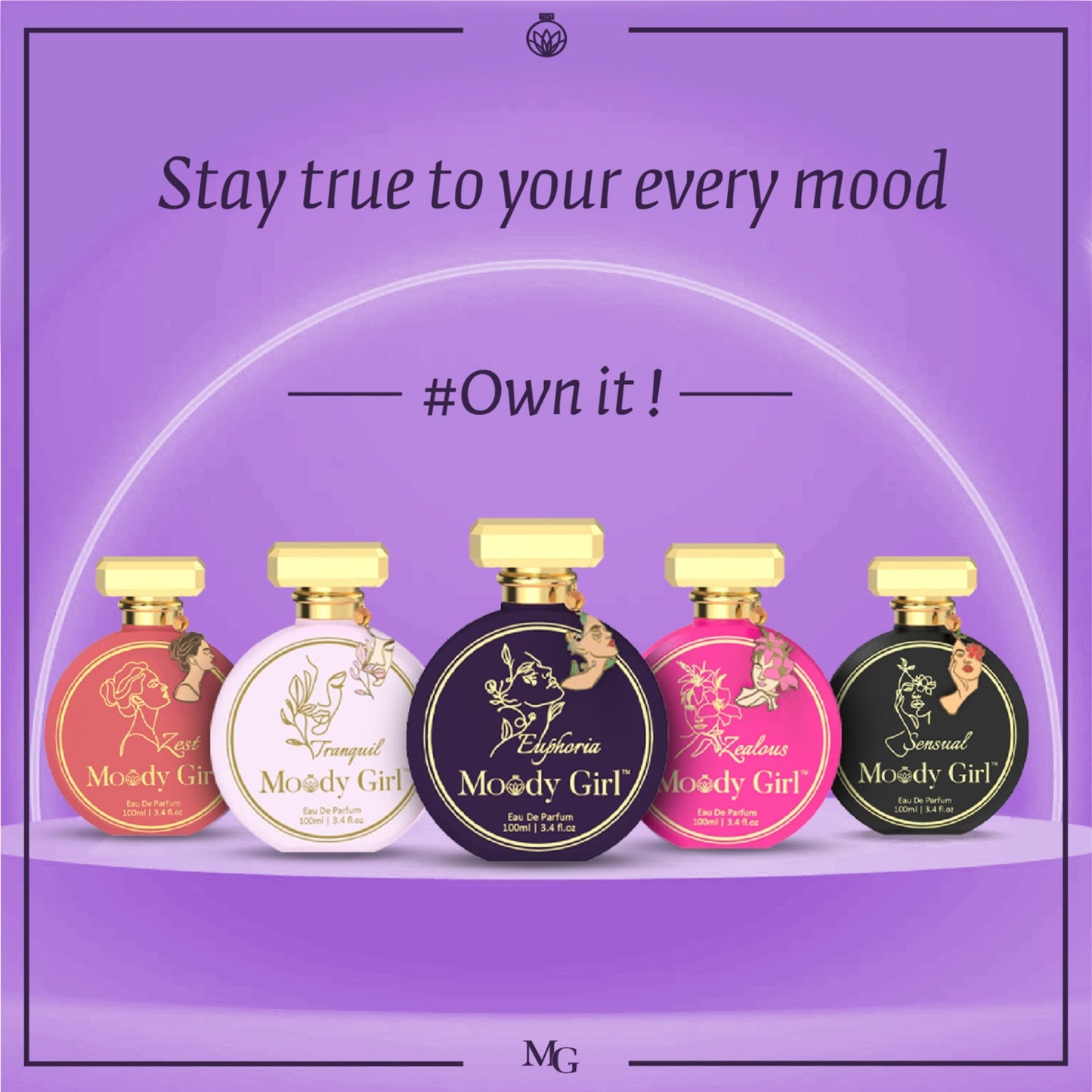 Five Moody Girl perfume bottles on a purple background with text 'Stay true to your every mood. #Own it!'