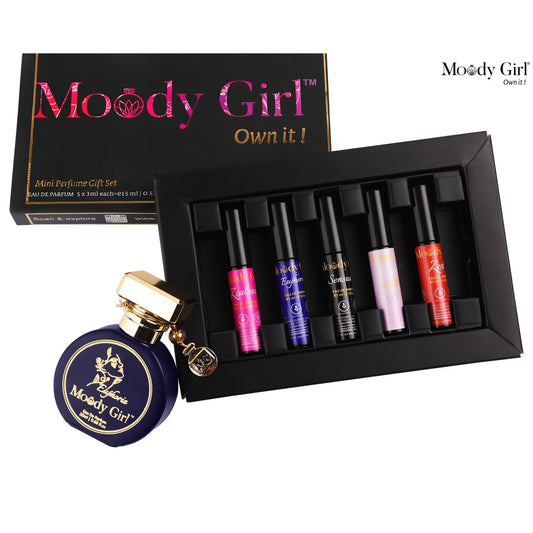 Moody Girl mini perfume gift set with five small bottles and a larger bottle on a white background.