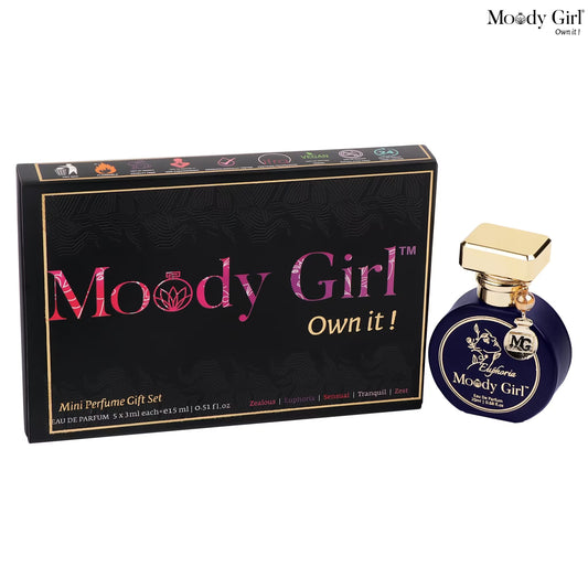 Moody Girl mini perfume gift set with black box and blue perfume bottle on a white background