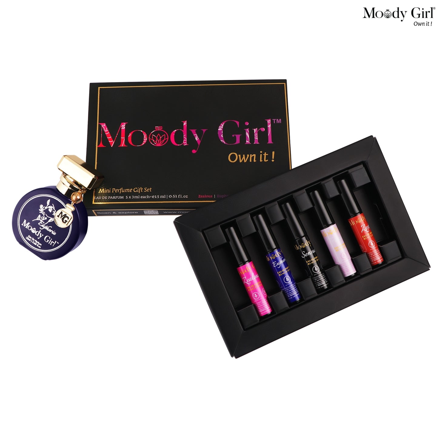 Moody Girl mini perfume gift set with five bottles and a box on a white background