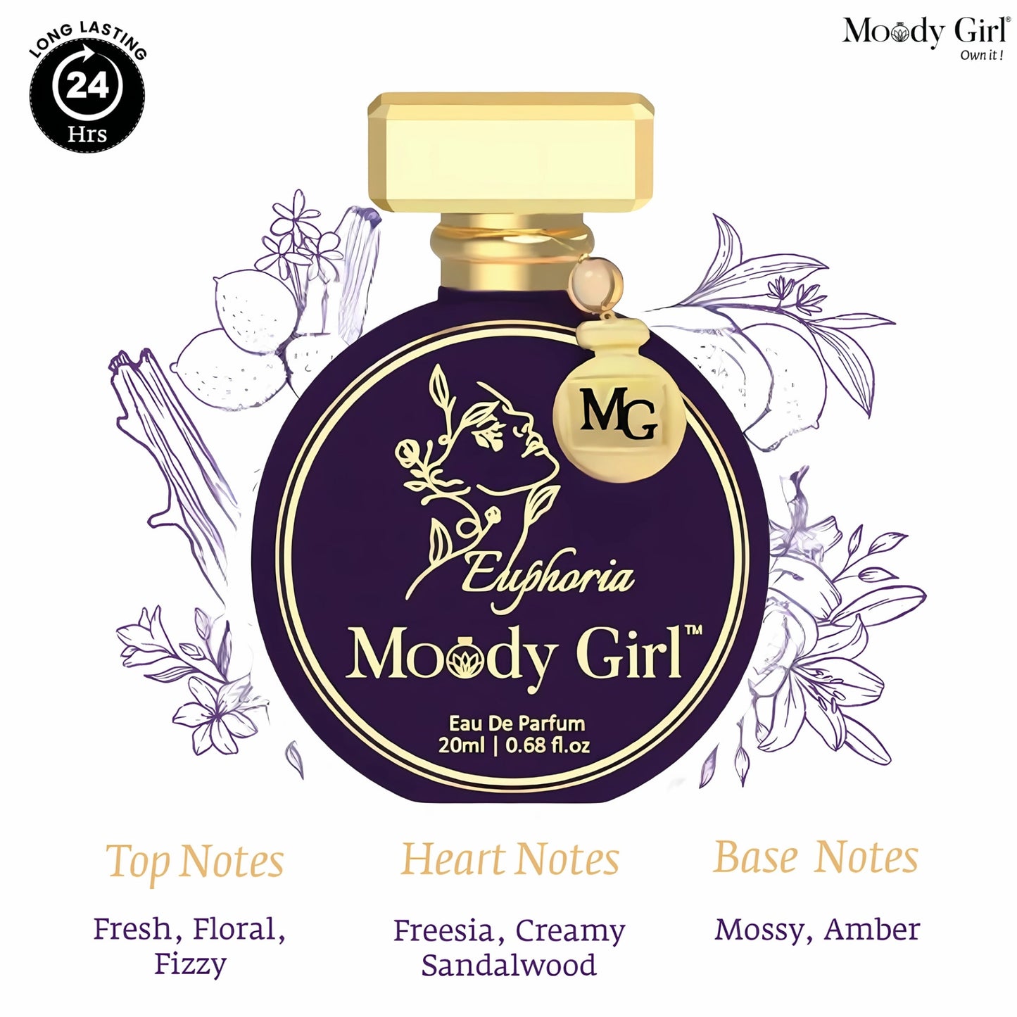 Moody Girl Euphoria perfume bottle with branding and product details on a white background