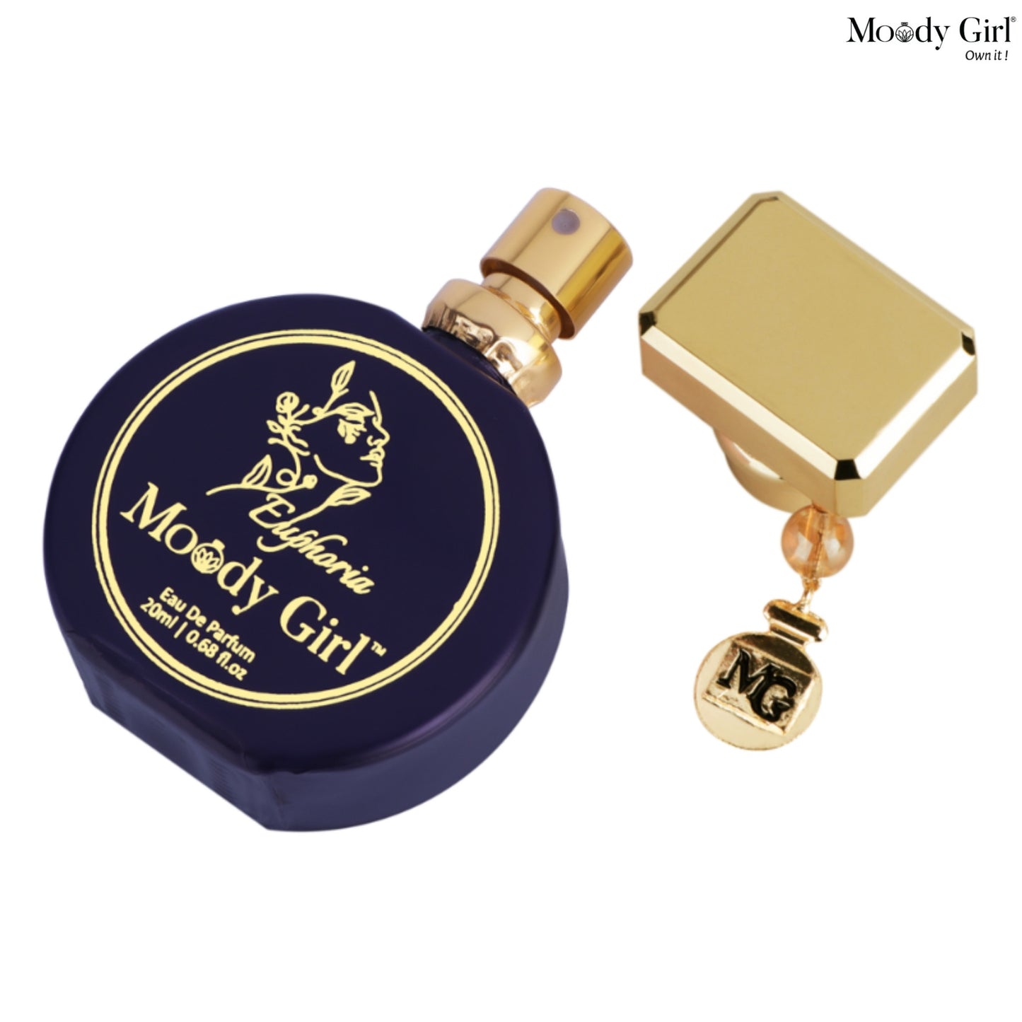 Perfume bottle with gold cap and navy base featuring 'Moody Girl' branding on a white background.