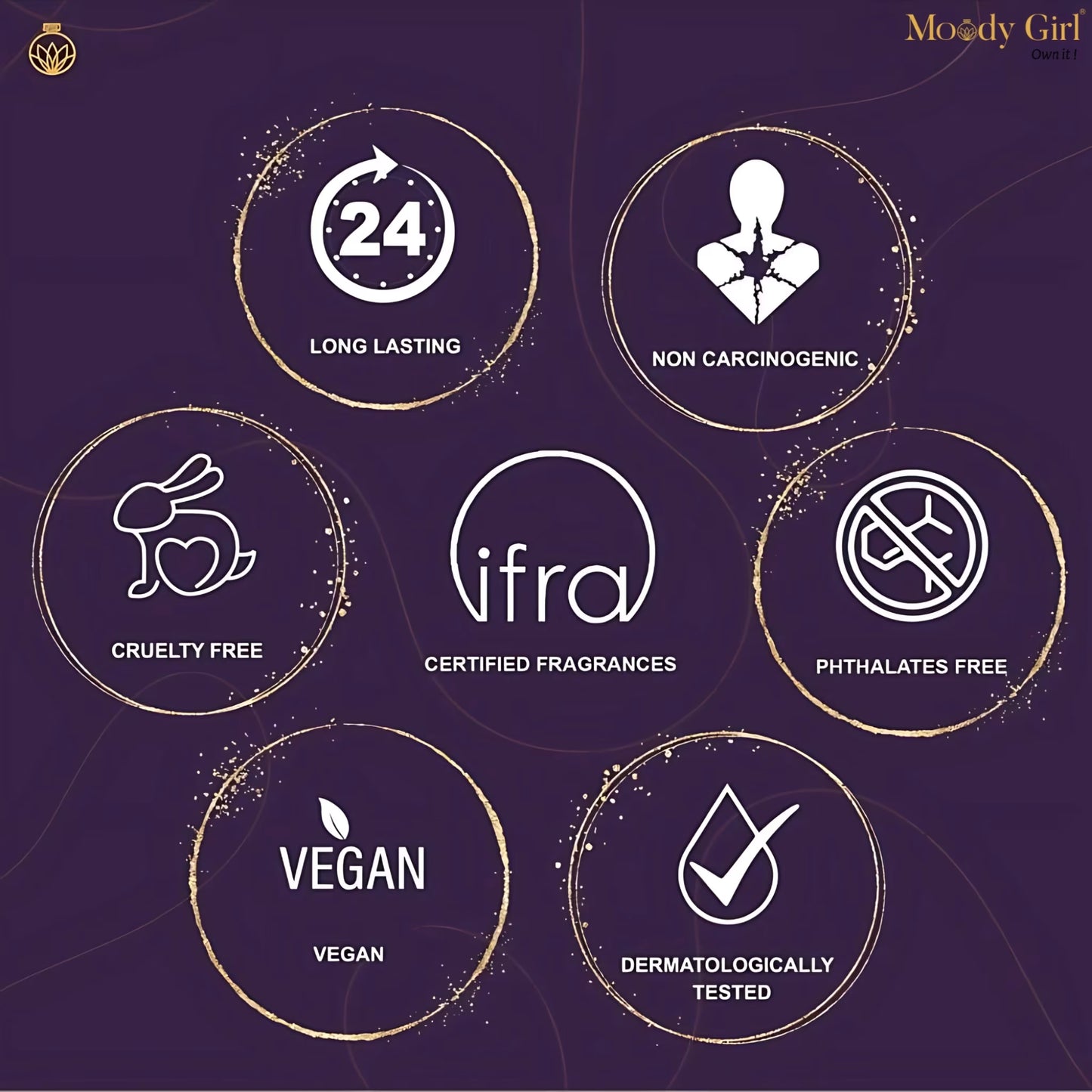 Certification icons for Moody Girl products on a dark background