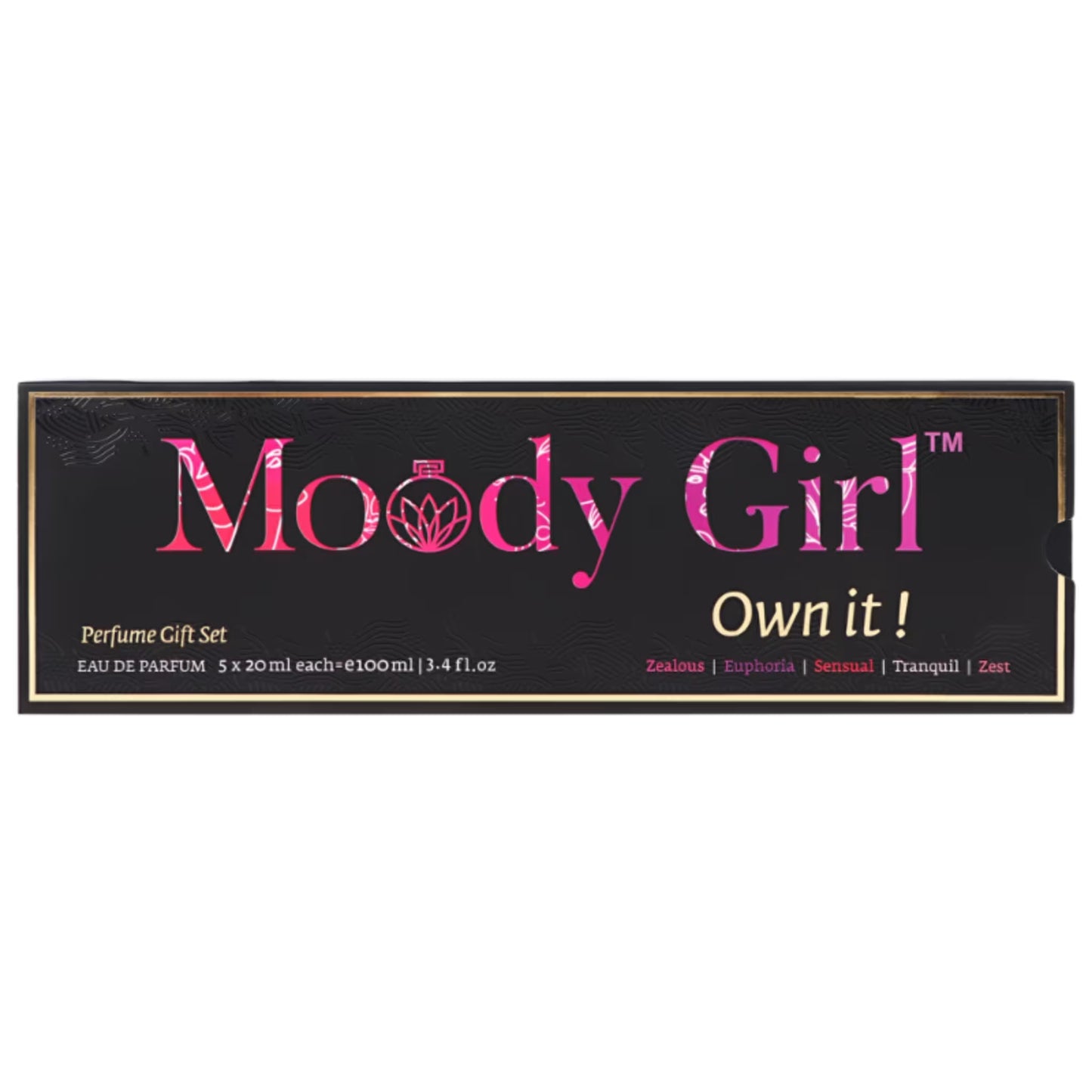 Moody Girl perfume gift set packaging with pink text on a black background