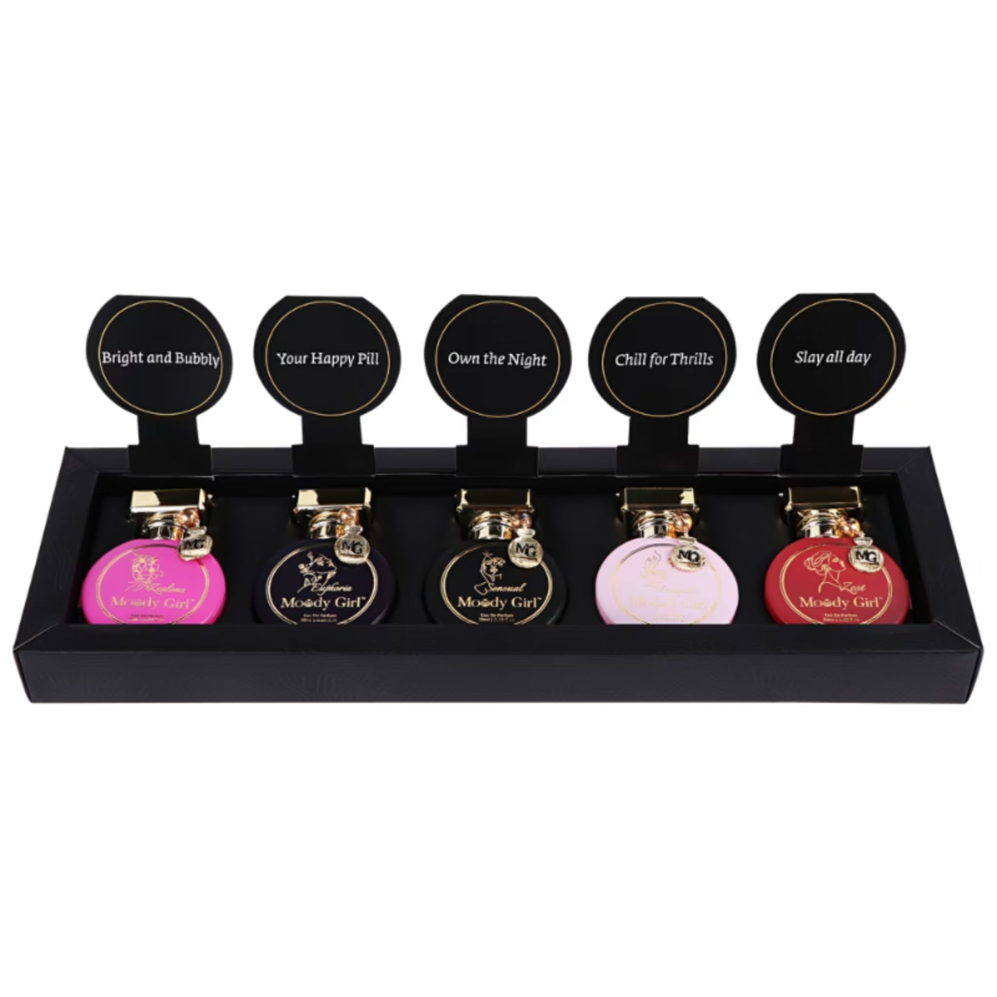 Set of five small perfume bottles with black labels on a white background