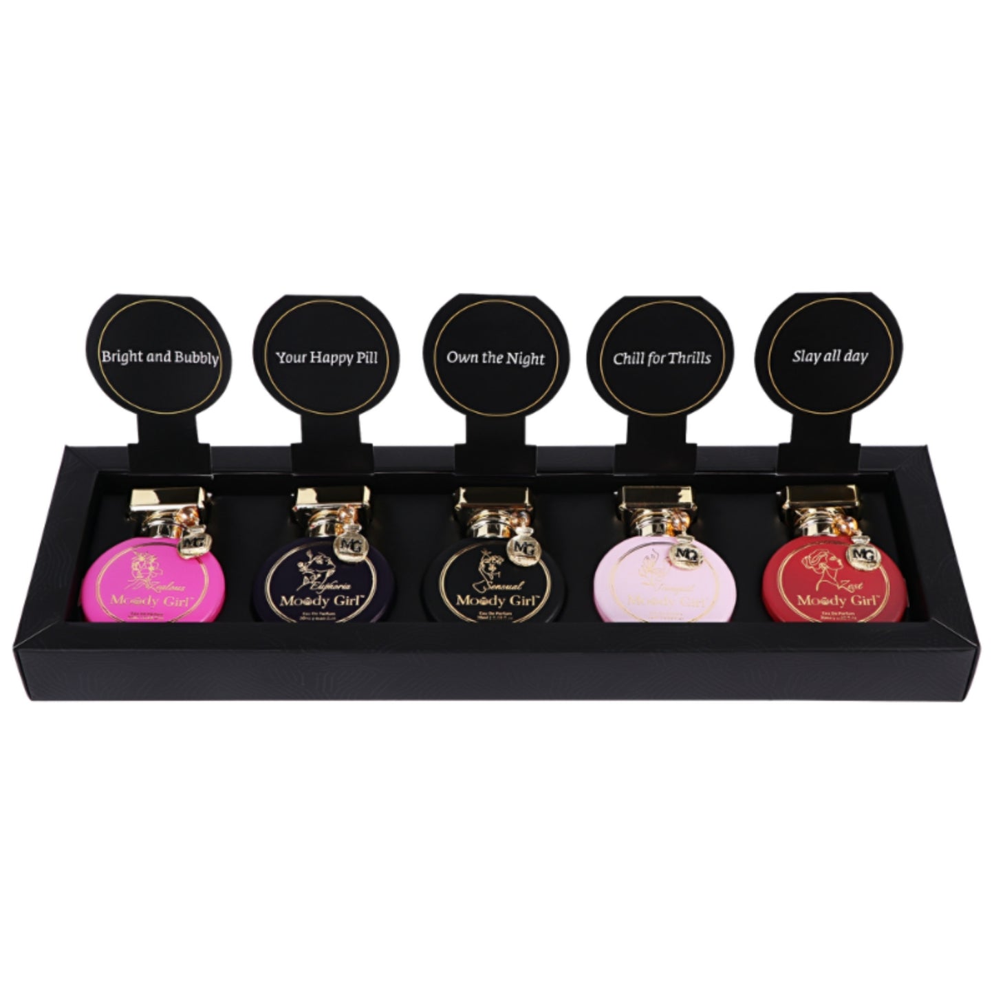 Set of six small perfume bottles with black caps and colorful labels on a white background