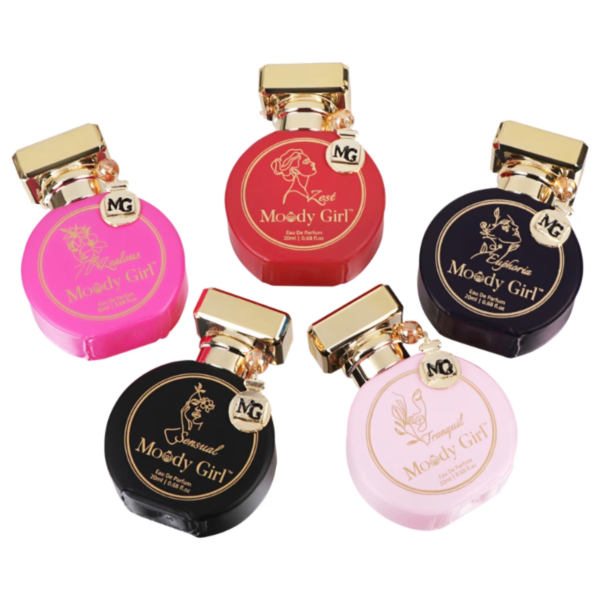 Five Moody Girl perfume bottles in various colors on a white background