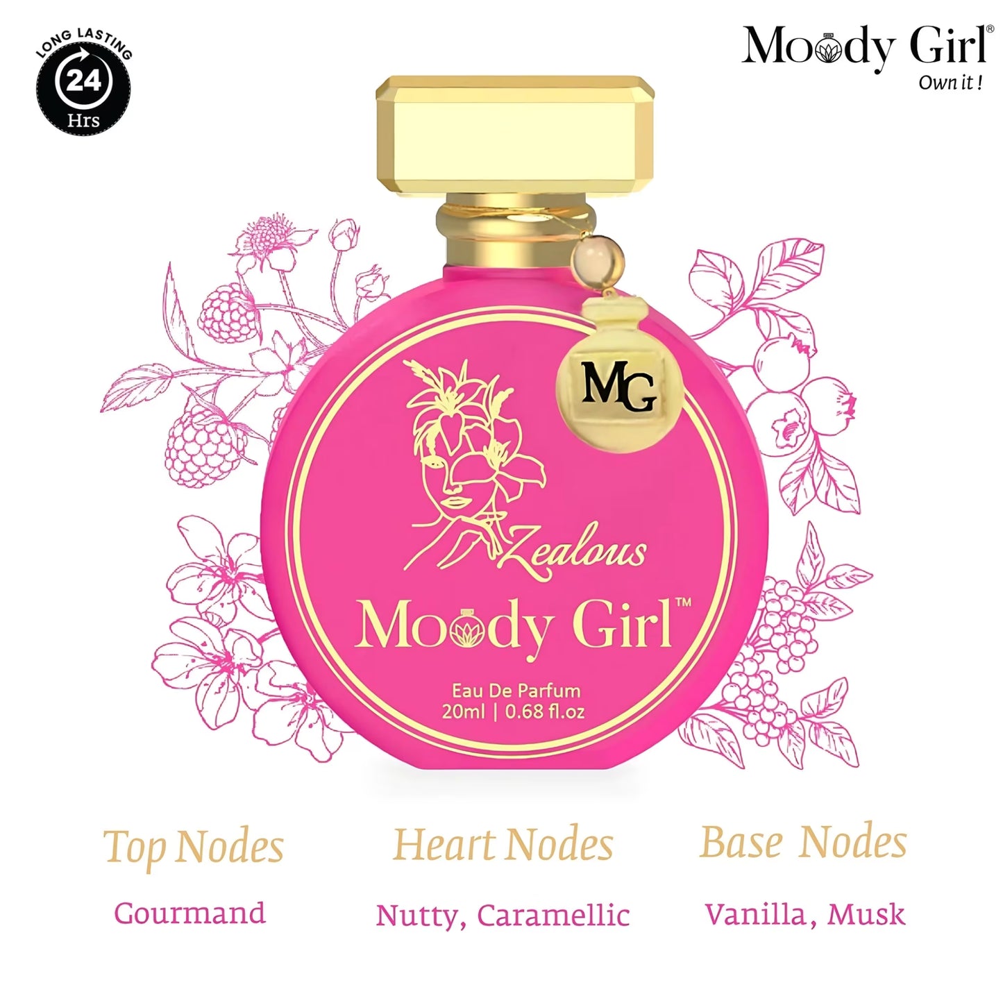Pink and gold Moody Girl perfume bottle with floral design on a white background