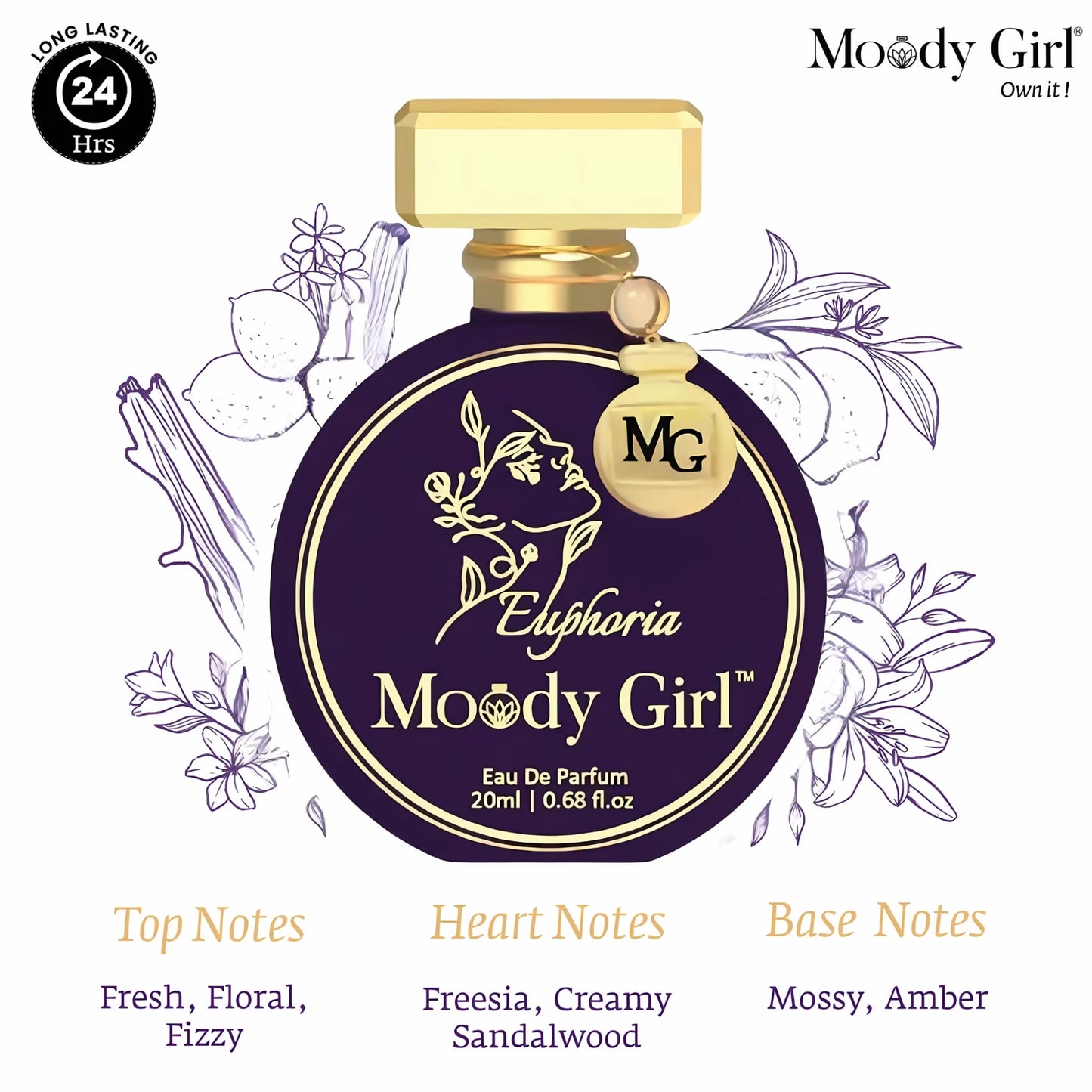 Moody Girl Euphoria perfume bottle with branding and product details on a white background