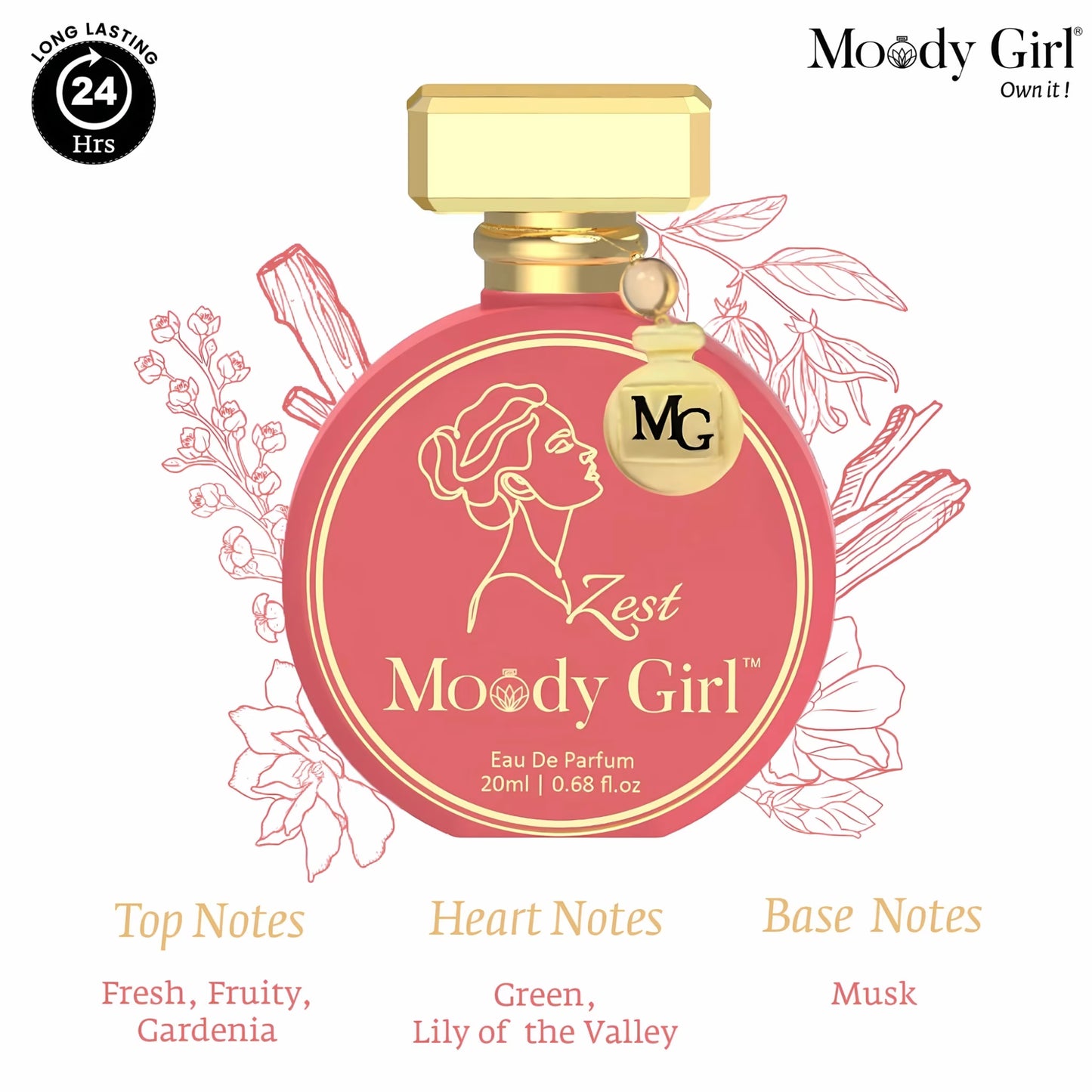 Moody Girl Zest perfume bottle with floral illustrations and product details on a white background