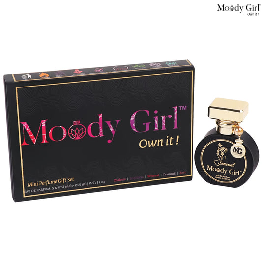 Moody Girl mini perfume gift set with black box and bottle on a white background