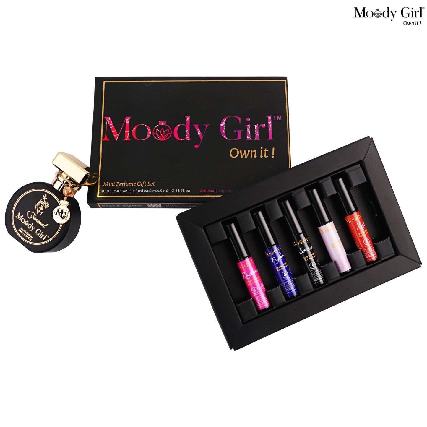 Moody Girl mini perfume gift set with six bottles + Sensual 20ml Perfume and a black box on a white background.