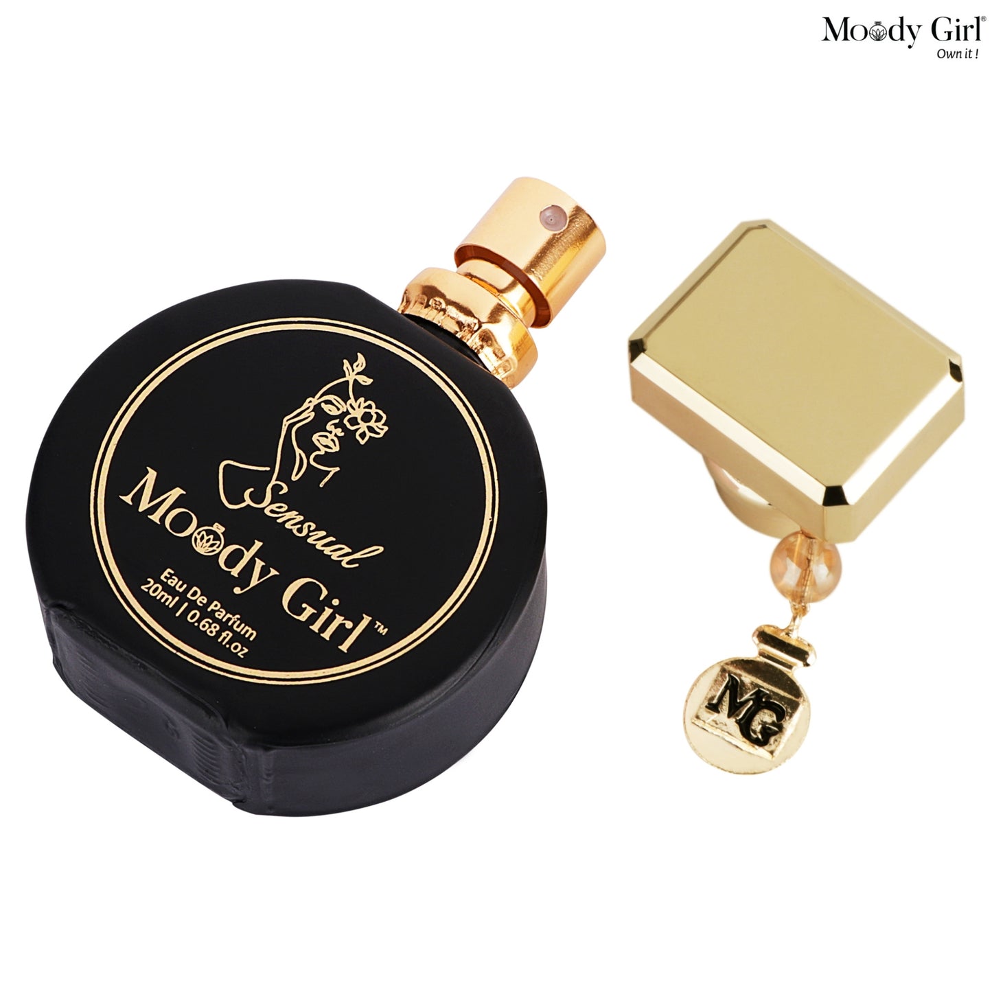 Sensual 20ml Perfume bottle with gold cap and black body featuring 'Moody Girl' branding on a white background.