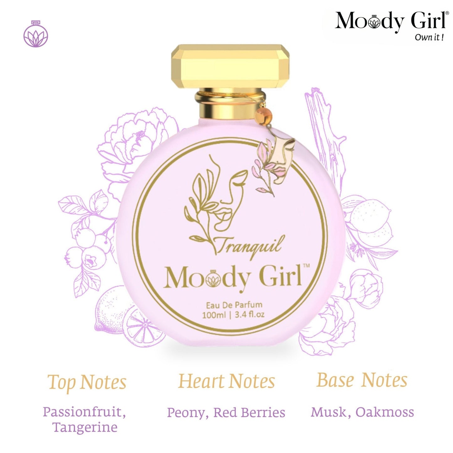 Tranquil 100ml Pink perfume bottle with gold cap and 'Moody Girl' branding on a white background
