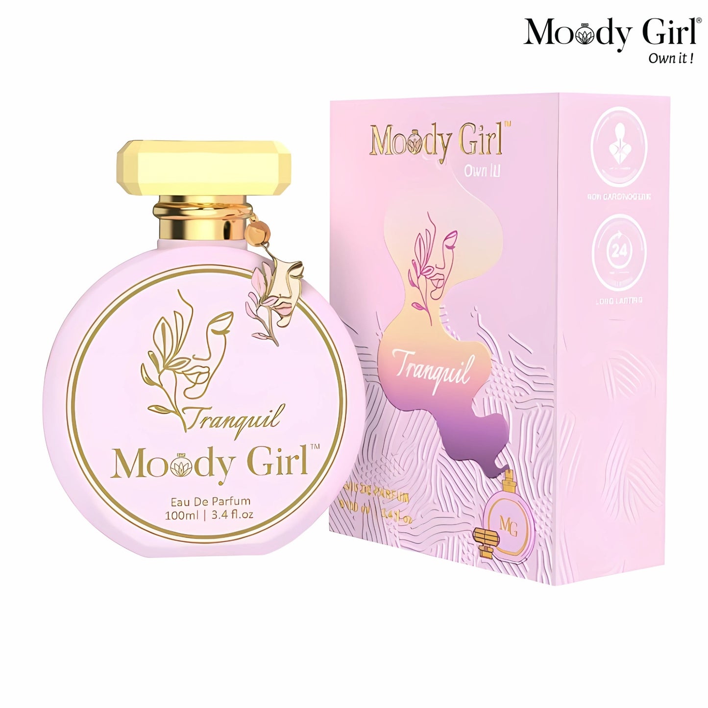 Moody Girl Tranquil 100ml perfume bottle and packaging on a white background