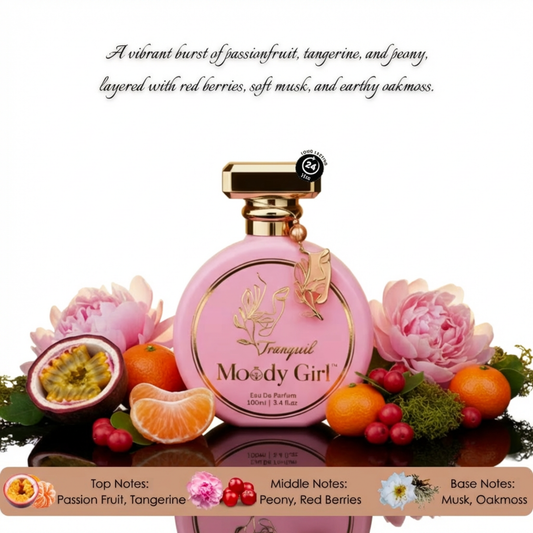 Pink perfume bottle with floral and fruit elements on a white background