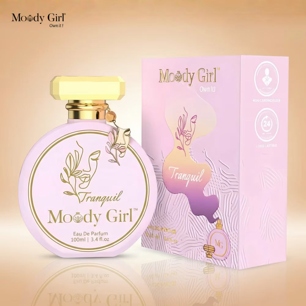 Moody Girl Tranquil perfume bottle and packaging on a gradient background