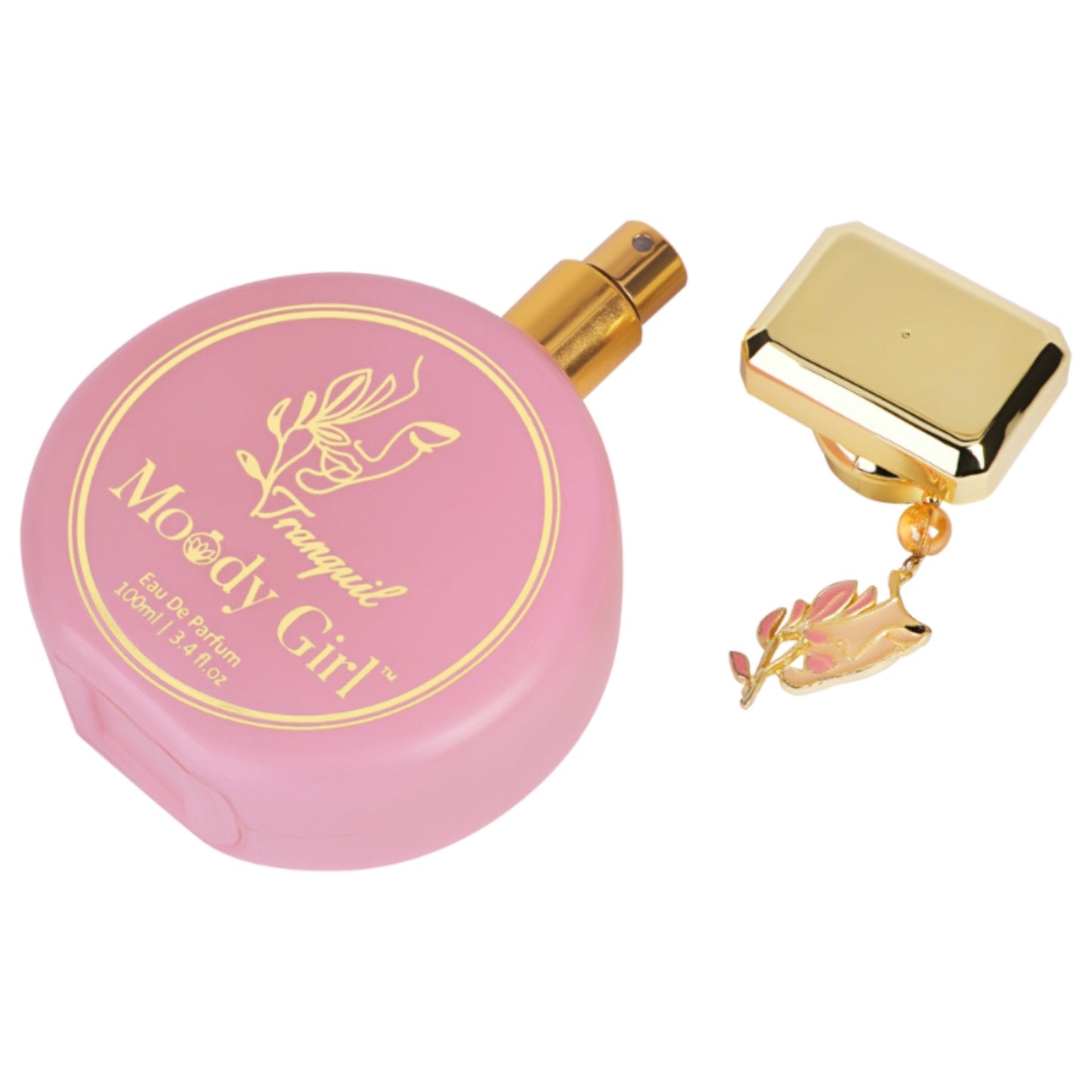 Tranquil 100ml Pink and gold perfume bottle with 'Moody Girl' branding on a white background