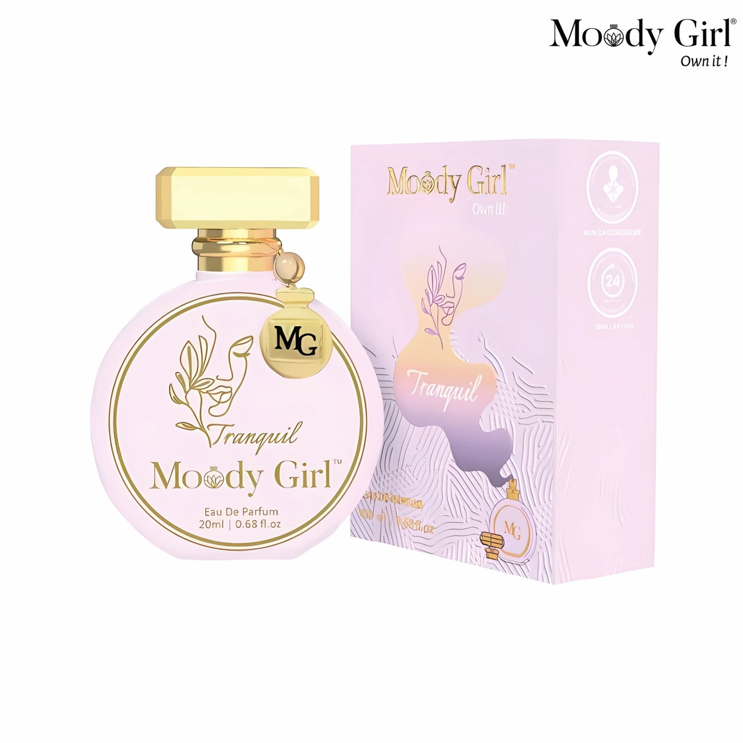 Moody Girl Tranquil 20ml perfume bottle and packaging on a white background