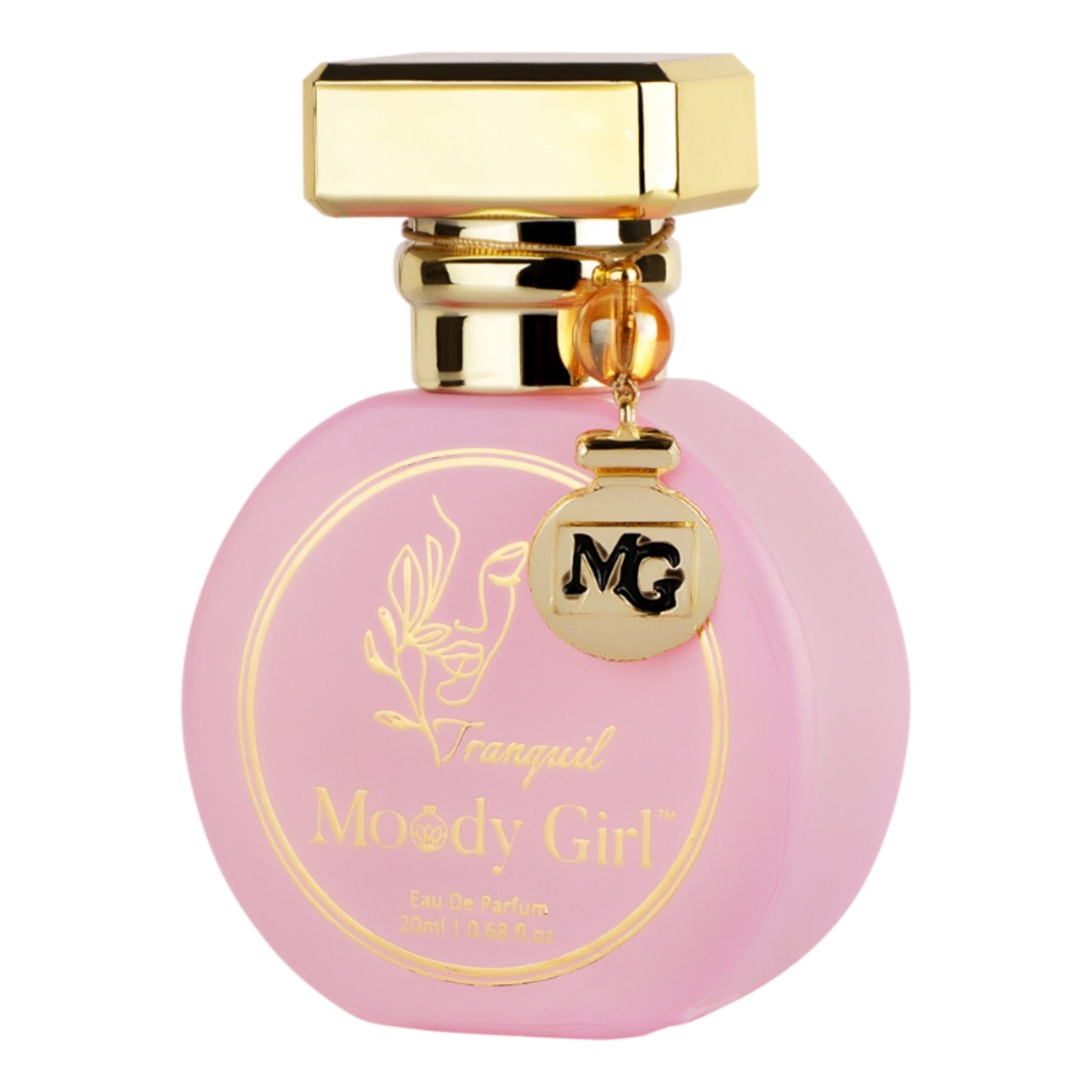 Moody Girl Tranquil 20ml perfume bottle with gold cap and 'MG' logo on a white background
