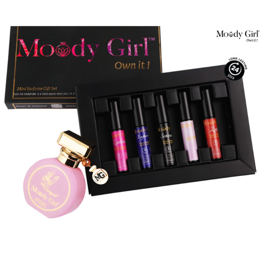 Moody Girl mini perfume gift set with a pink bottle and five small perfume bottles in a black box.