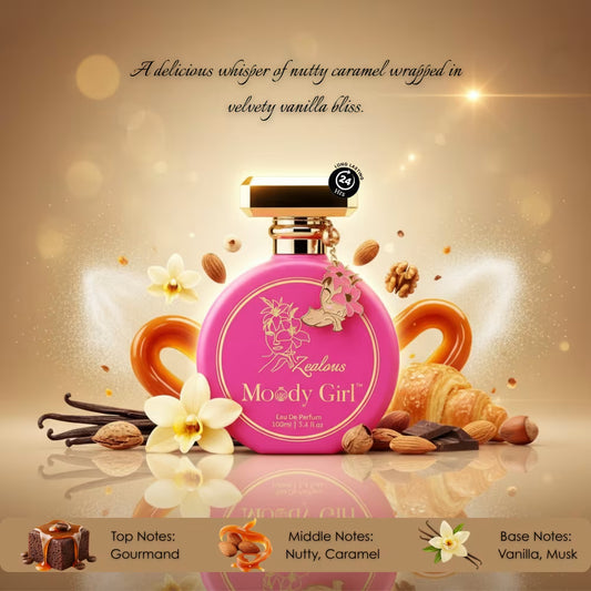 Pink perfume bottle with vanilla and caramel elements on a beige background