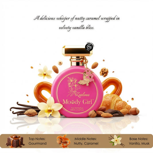 Pink perfume bottle with vanilla and caramel elements on a white background