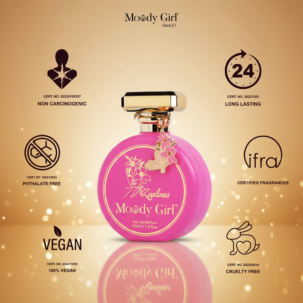 Pink perfume bottle with 'Moody Girl' branding on a gold background with certification icons.
