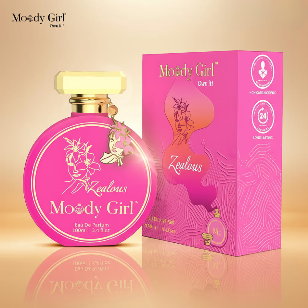 Pink 'Moody Girl' perfume bottle and packaging on a beige background