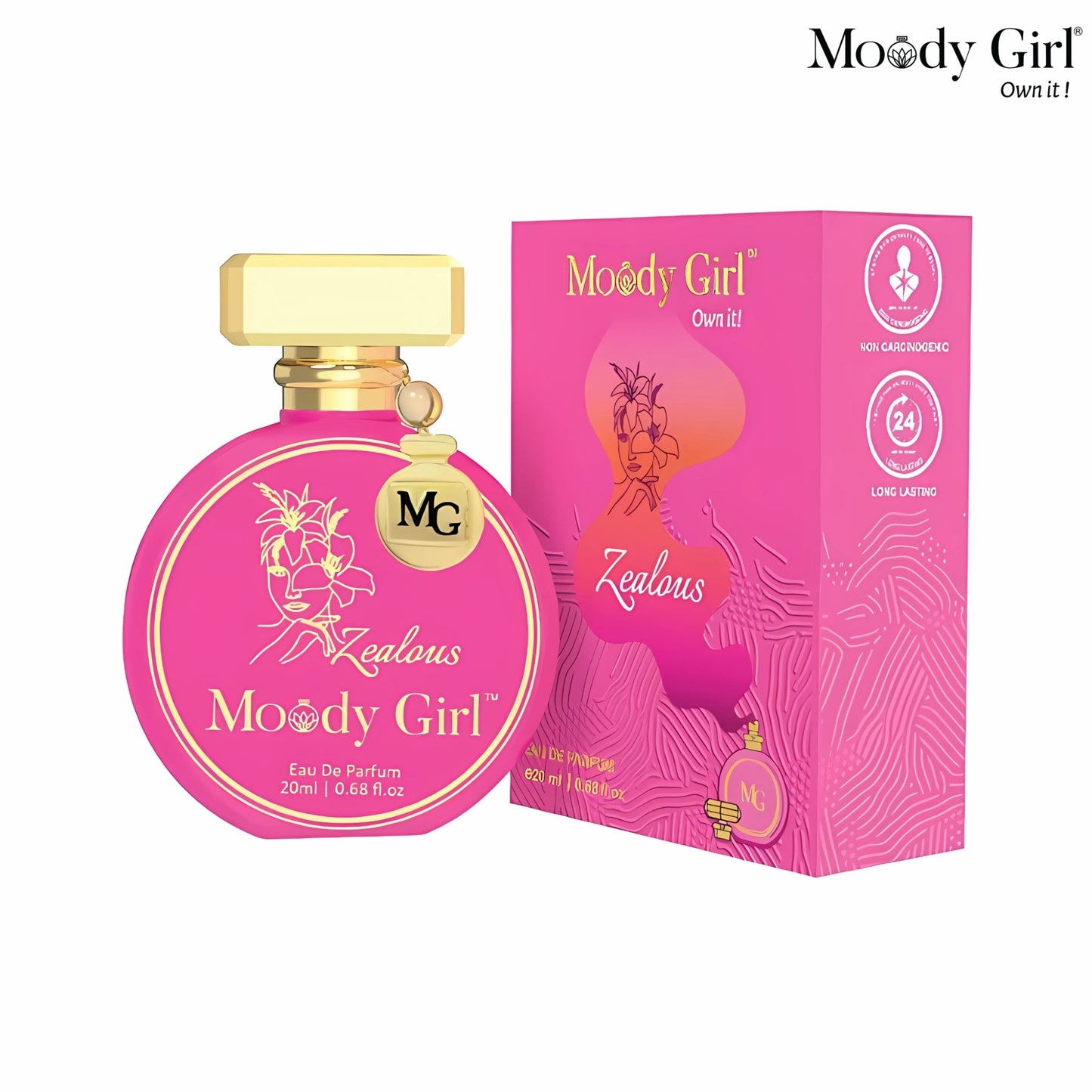 Zealous 20ml Pink Moody Girl perfume bottle and packaging on a white background