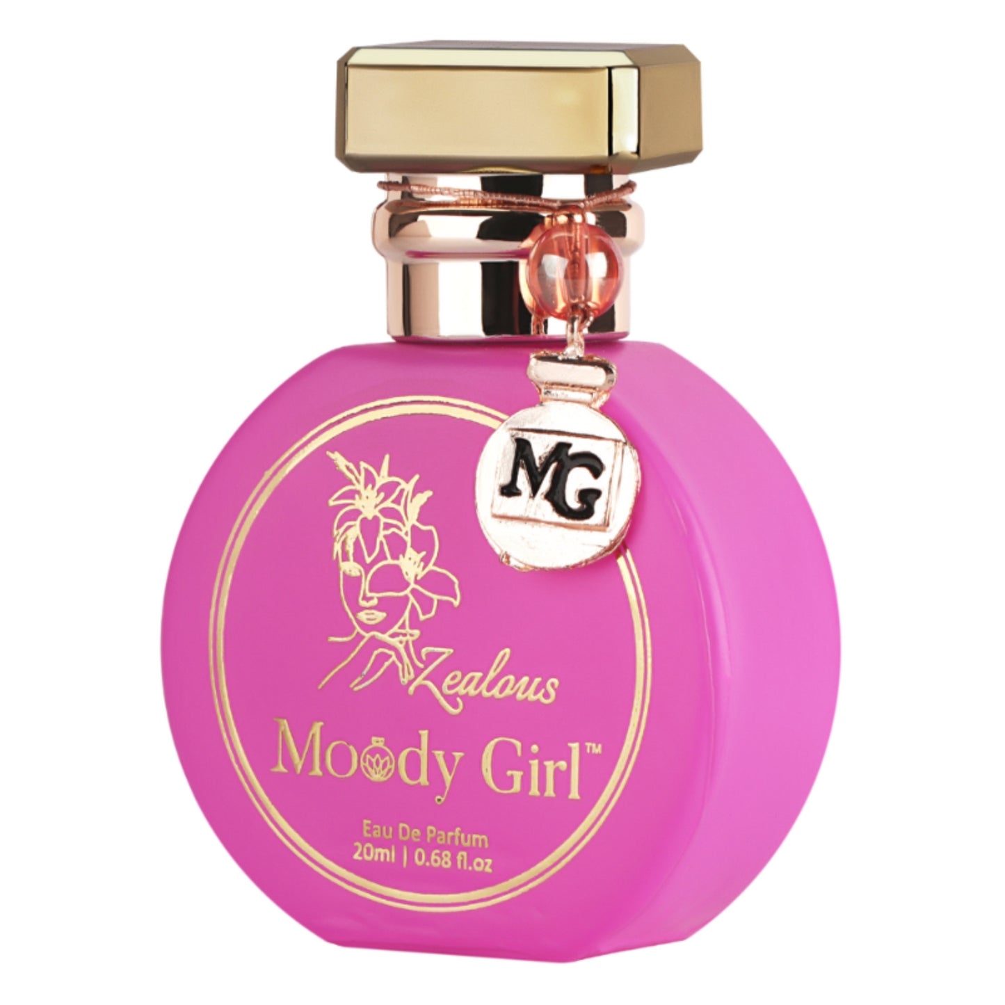 Zealous 20ml Pink perfume bottle with gold cap and 'Moody Girl' branding on a white background