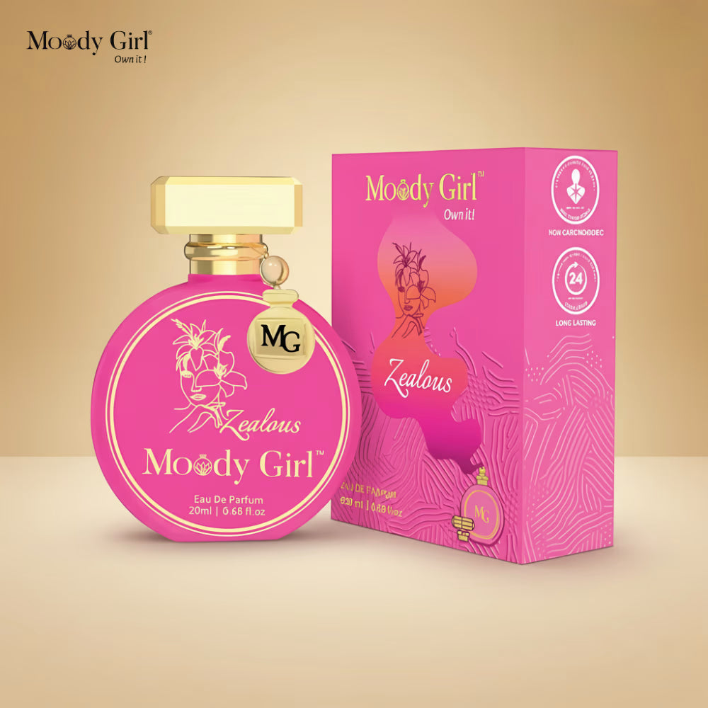 Pink 'Moody Girl' perfume bottle and packaging on a beige background