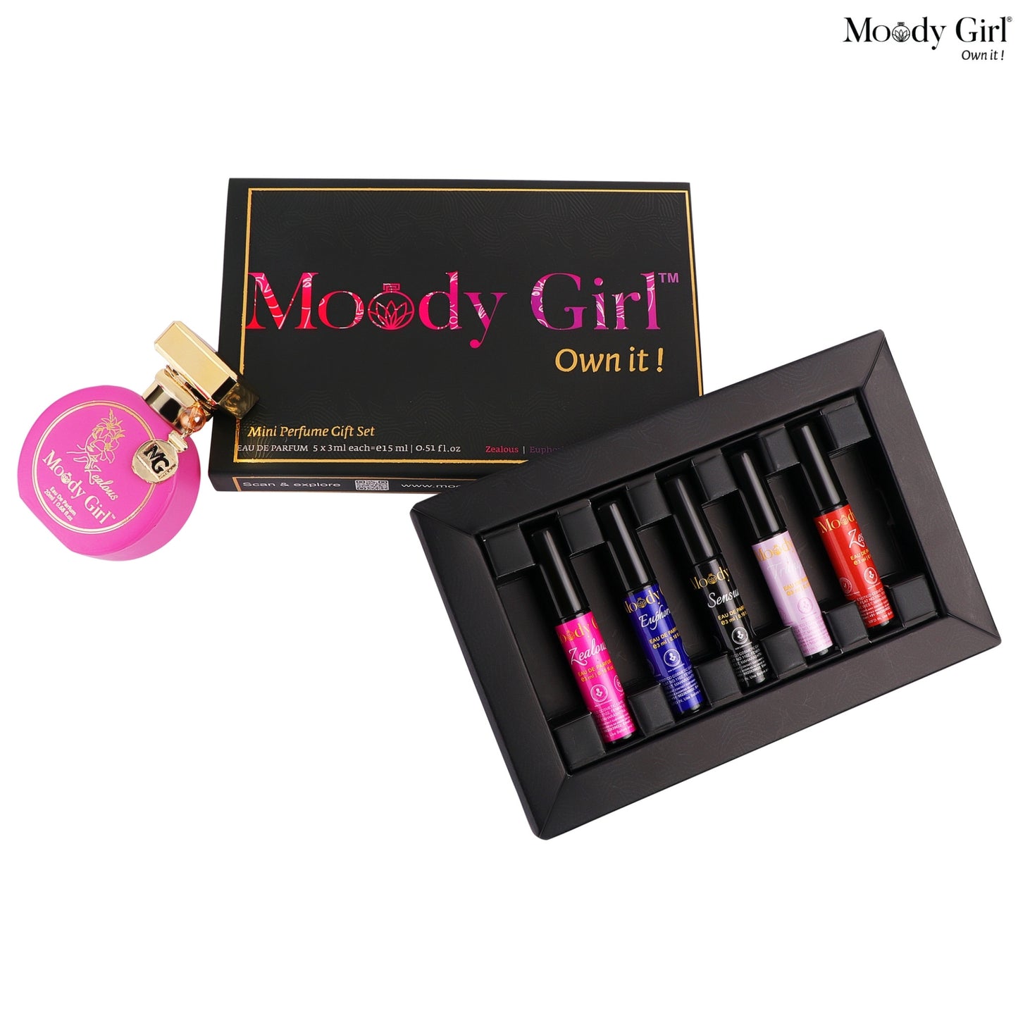 Moody Girl mini perfume gift set with six bottles and a pink round item on a white background.
