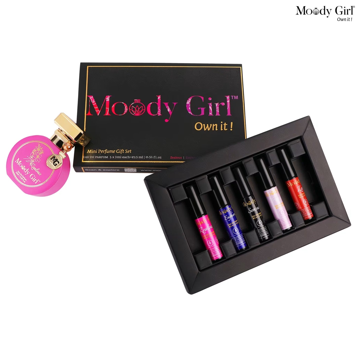 Moody Girl mini perfume gift set with a pink perfume bottle on a white background