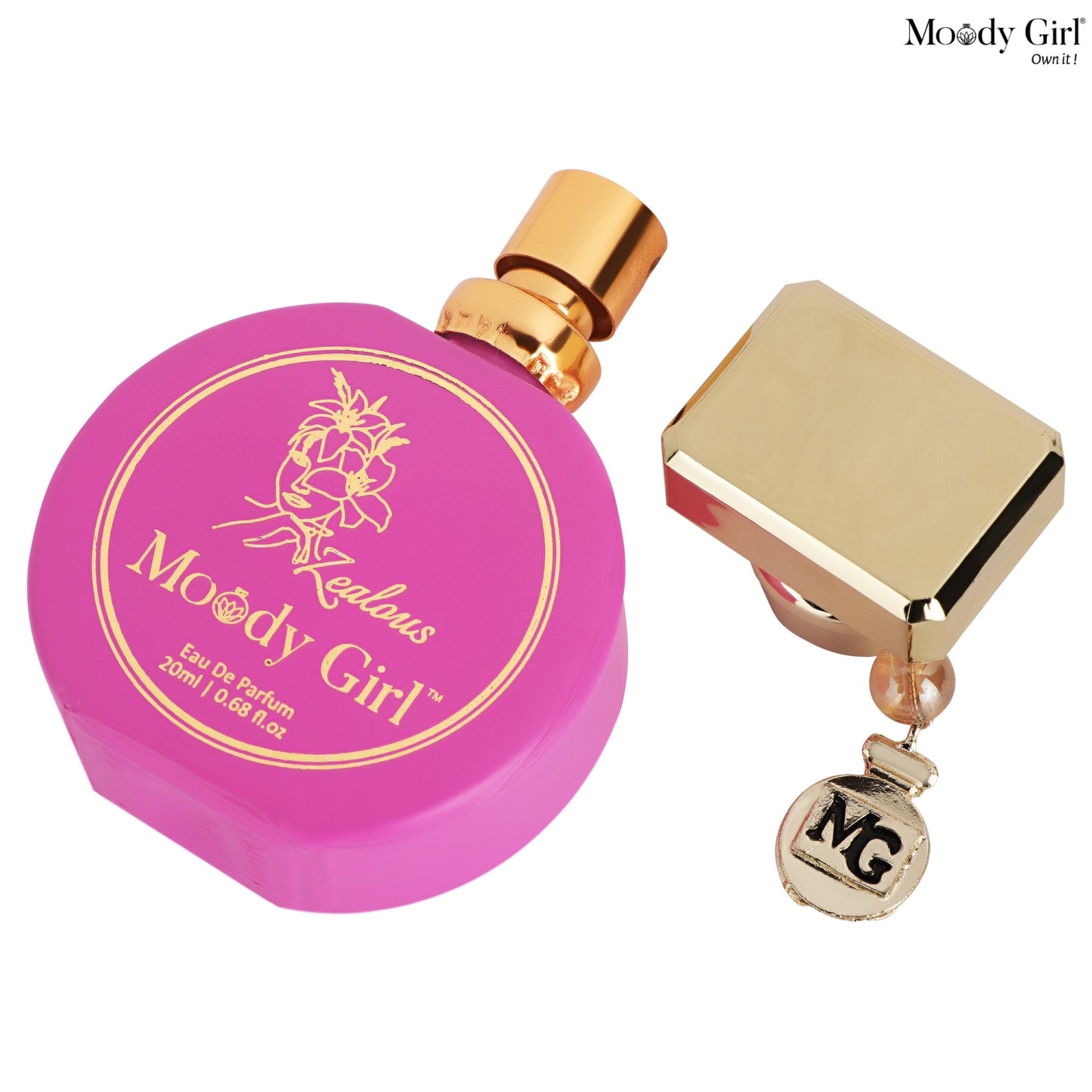 Pink and gold perfume bottle with 'Moody Girl' branding on a white background